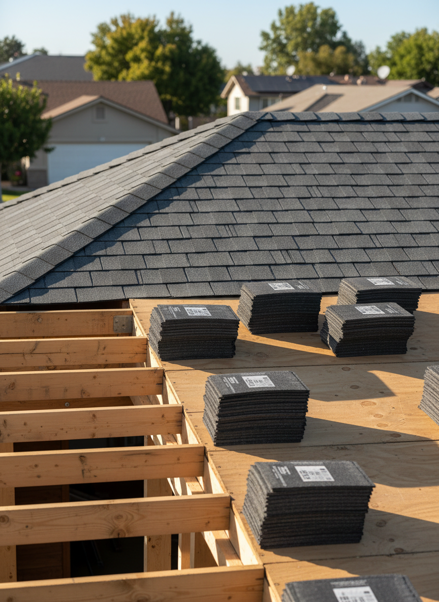 A sturdy, partially exposed roof structure on a residential remodel in California, showing the construction process in photographic realism. The lower half of the frame reveals open wooden rafters, clean plywood sheathing, and organized stacks of new shingles neatly arranged on the roof deck. The upper portion displays the already completed section, with perfectly aligned shingles and finished ridge caps. Bright, clear morning sunlight illuminates the fresh lumber and materials, creating crisp lines and defined shadows without feeling harsh. The surroundings suggest a quiet suburban neighborhood with blurred neighboring homes and trees in the background. Captured from a slightly low, angled perspective to emphasize structure and depth, the mood is professional, precise, and trustworthy, ideal for showcasing remodeling and roofing expertise.