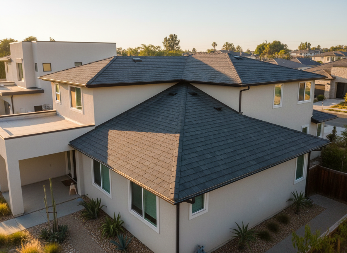 A newly installed residential asphalt shingle roof on a clean, modern California suburban home, captured in photographic realism. The dark charcoal shingles align in precise, straight rows, with crisp ridge caps and neatly flashed vents. The house exterior shows smooth light stucco walls and minimalist landscaping with drought-tolerant plants. Late afternoon golden sunlight grazes the roof surface, highlighting the granular texture and casting soft, directional shadows down the slope. Shot from a slightly elevated angle to showcase the full roof plane and surrounding property, with sharp focus throughout. The mood is professional and reassuring, emphasizing quality craftsmanship, reliability, and curb appeal for a roofing and construction company homepage hero image.