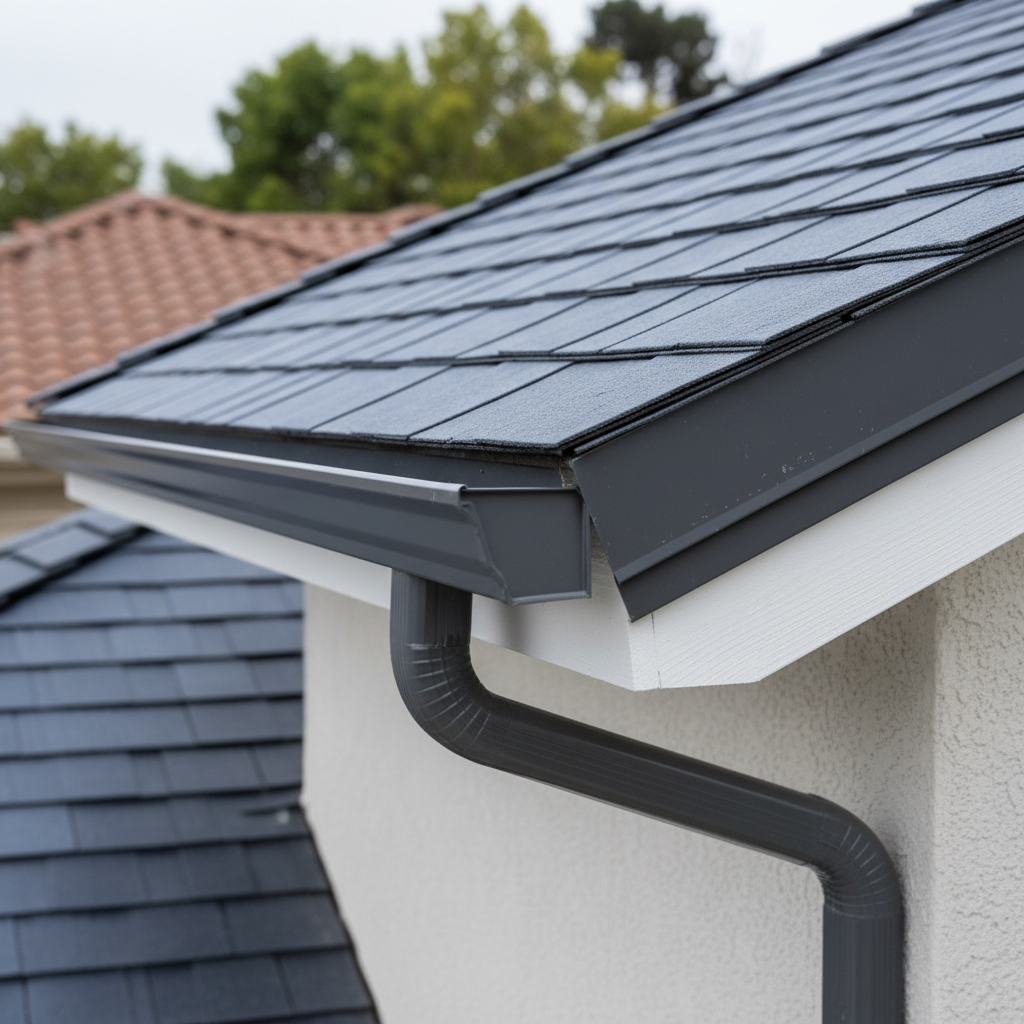 A detailed close-up of a roof edge transition where an elegant gutter system meets freshly installed composite shingles on a California home, rendered in photographic realism. The metal drip edge, gutters, and downspout appear spotless, with subtle reflections in their smooth, painted surface. The textured shingles overlap neatly above precision-cut fascia boards. Soft, diffused overcast daylight eliminates harsh contrast, revealing every detail of the construction. The background gently blurs into a suggestion of neighboring roofs and trees, maintaining focus on the craftsmanship. Captured at a low, side angle with shallow depth of field, the scene feels technical yet inviting, ideal for emphasizing quality installation and attention to detail on a roofing services page.