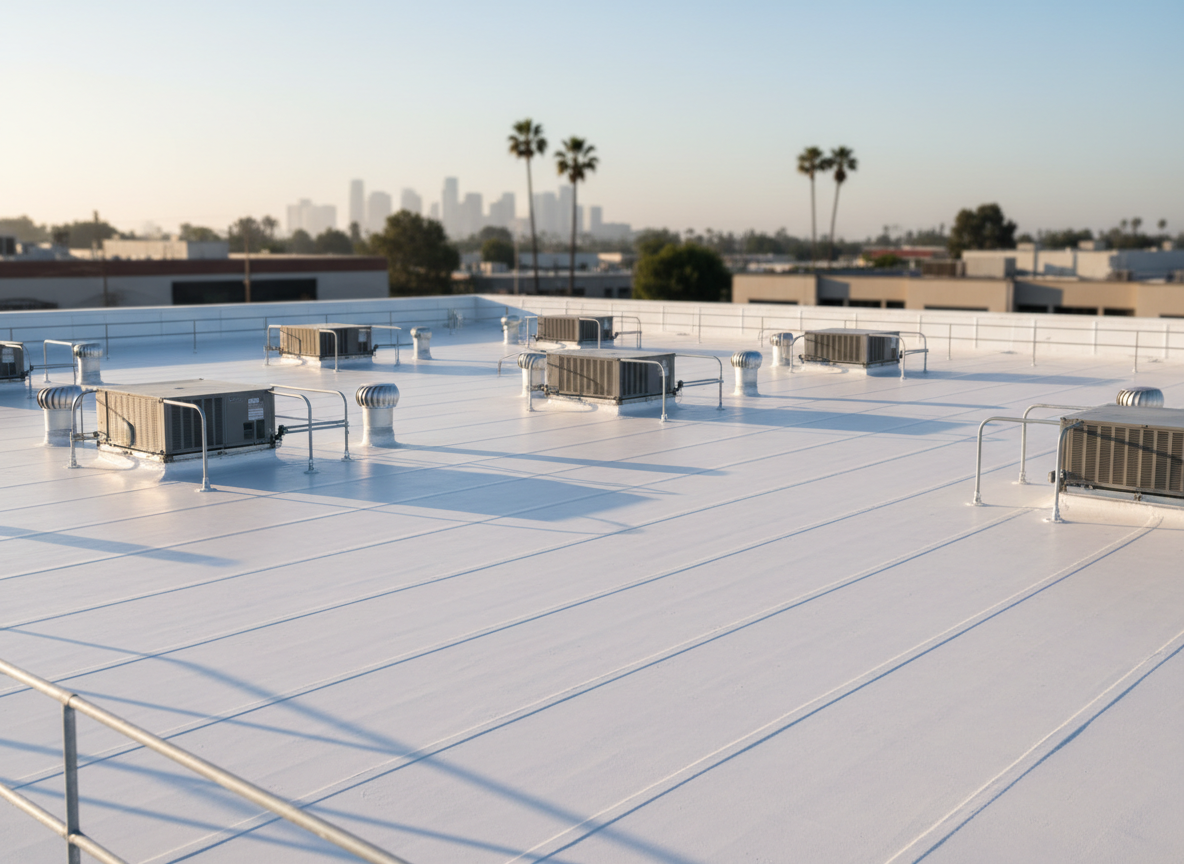 A clean, modern flat commercial roof atop a low-rise California office building, captured in photographic realism. The bright white membrane surface stretches across the frame, with neatly arranged HVAC units, vents, and safety rails positioned in orderly rows. The membrane seams are straight and expertly sealed, emphasizing quality workmanship. Early morning light casts long, soft shadows from the equipment, adding dimension without clutter. In the distance, a subtle skyline of other commercial buildings and a hint of palm trees appear softly out of focus. Shot from a slightly elevated, three-quarter perspective with sharp detail across the roof, the composition feels organized and professional, ideal for highlighting commercial roofing capabilities for businesses and property managers.